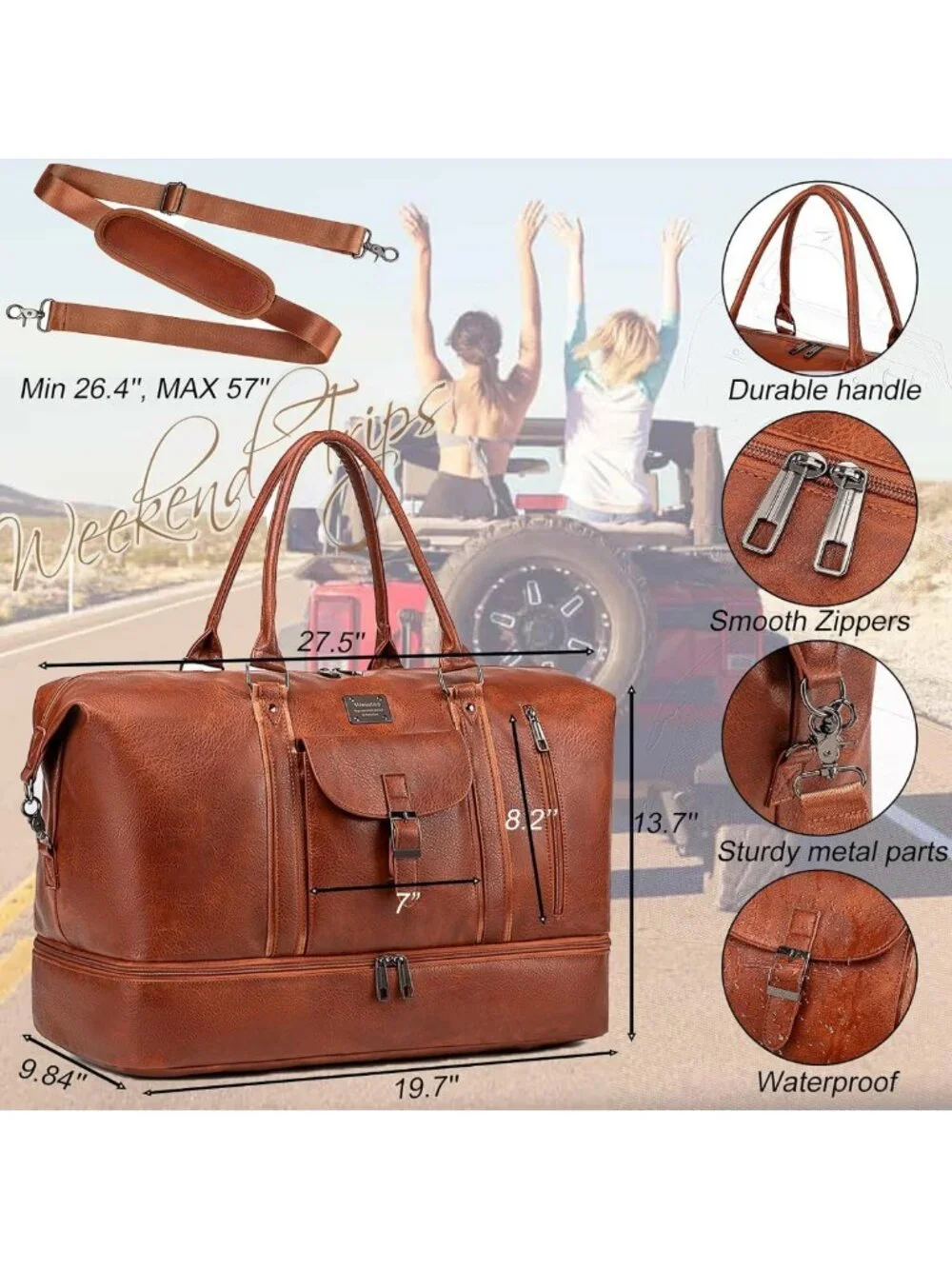 Large Faux Leather Travel Duffel Bag with Shoe Compartment - Waterproof